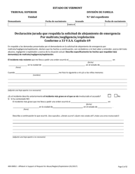 Document preview: Formulario 400-00852 Declaracion Jurada Que Respalda La Solicitud De Alejamiento De Emergencia Por Maltrato/Negligencia/Explotacion - Vermont (Spanish)