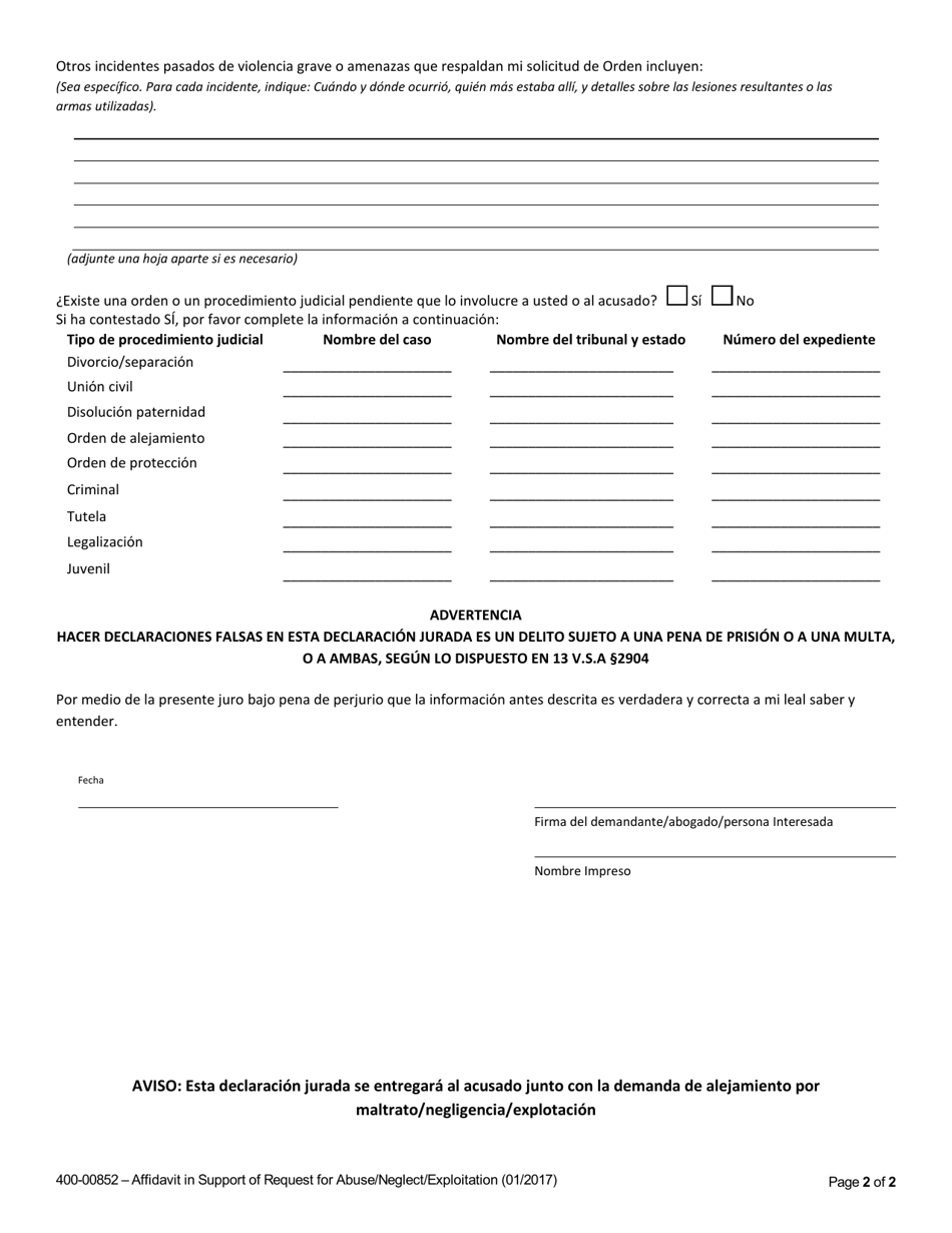 Formulario 400-00852 Declaracion Jurada Que Respalda La Solicitud De Alejamiento De Emergencia Por Maltrato / Negligencia / Explotacion - Vermont (Spanish), Page 2