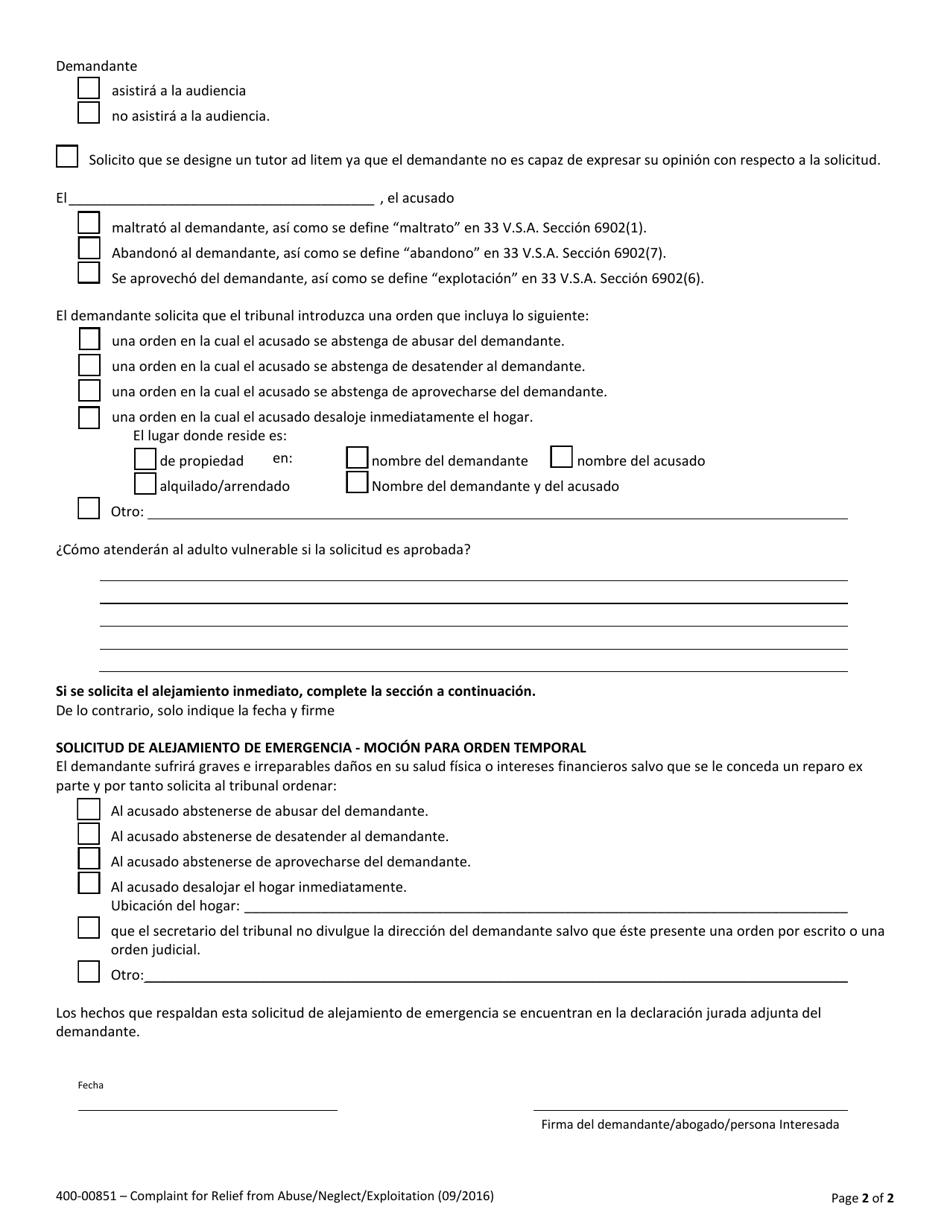 Formulario 400-00851 Deseo Continuar Con La Demanda De Alejamiento Por Maltrato / Negligencia / Explotacion - Vermont (Spanish), Page 2
