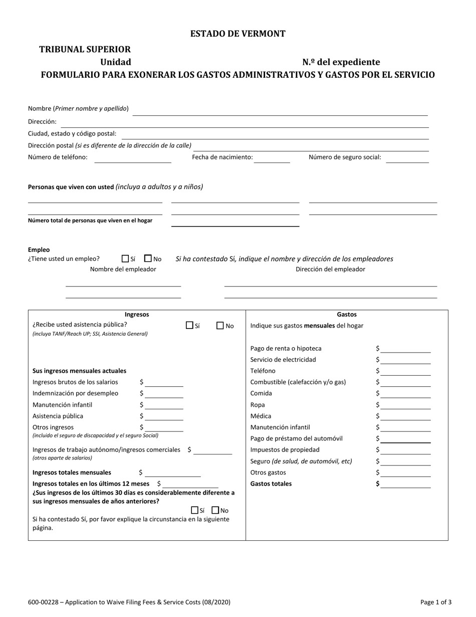 Formulario 600-00228 Formulario Para Exonerar Los Gastos Administrativos Y Gastos Por El Servicio - Vermont (Spanish), Page 1
