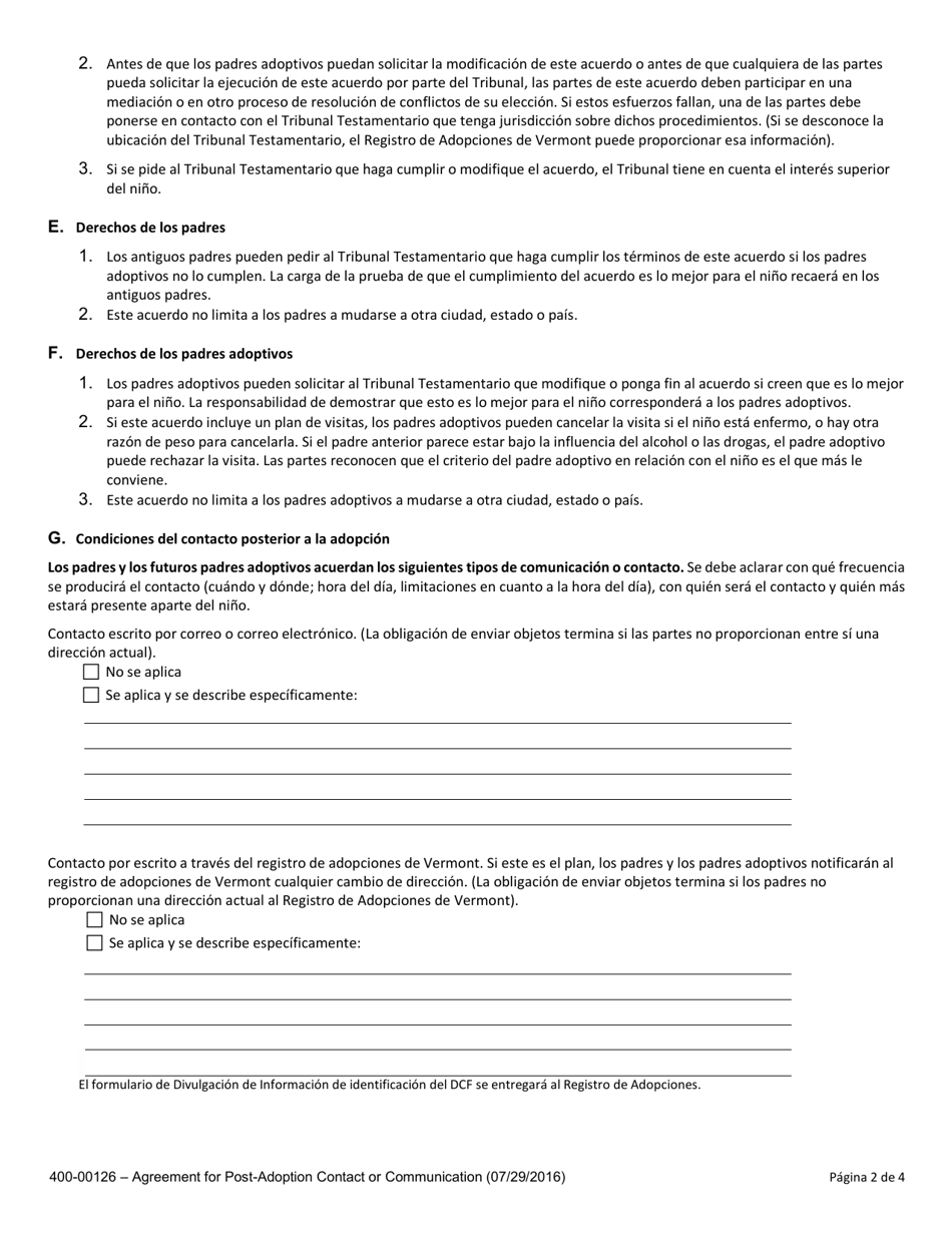 Formulario 400-00126 Acuerdo Para El Contacto O La Comunicacion Posterior a La Adopcion - Vermont (Spanish), Page 2