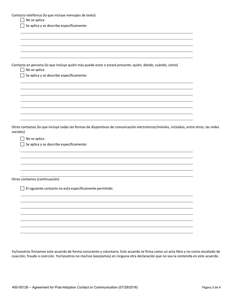 Formulario 400-00126 Acuerdo Para El Contacto O La Comunicacion Posterior a La Adopcion - Vermont (Spanish), Page 3