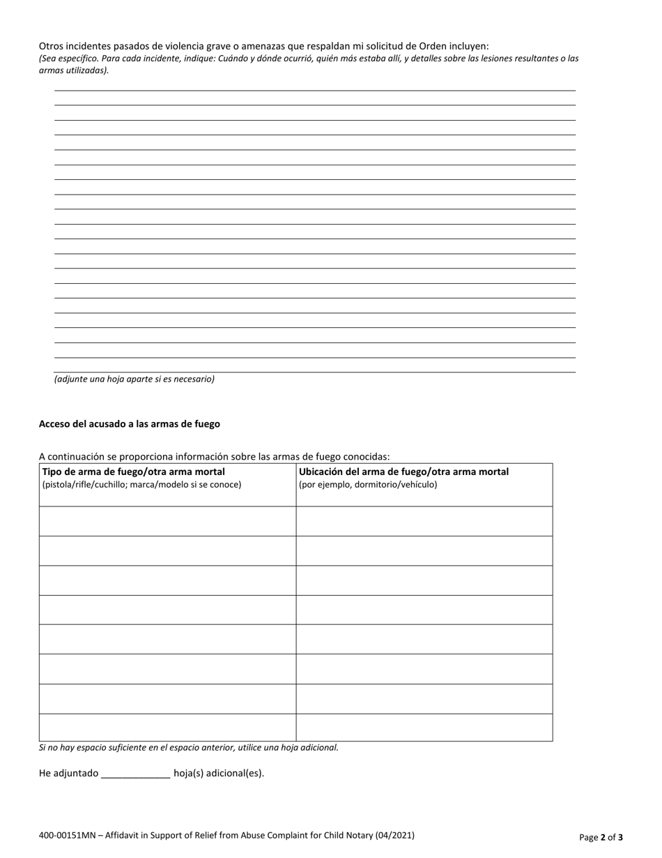 Formulario 400-00151MN Declaracion Jurada En Respaldo De La Demanda De Alejamiento Por Maltrato Al Nino - Vermont (Spanish), Page 2