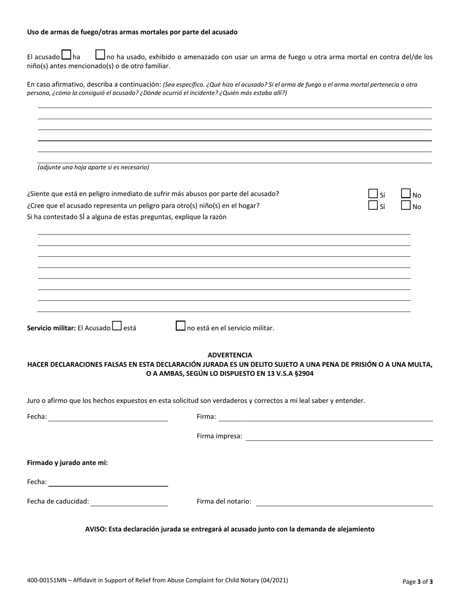 Formulario 400-00151MN Declaracion Jurada En Respaldo De La Demanda De Alejamiento Por Maltrato Al Nino - Vermont (Spanish), Page 3