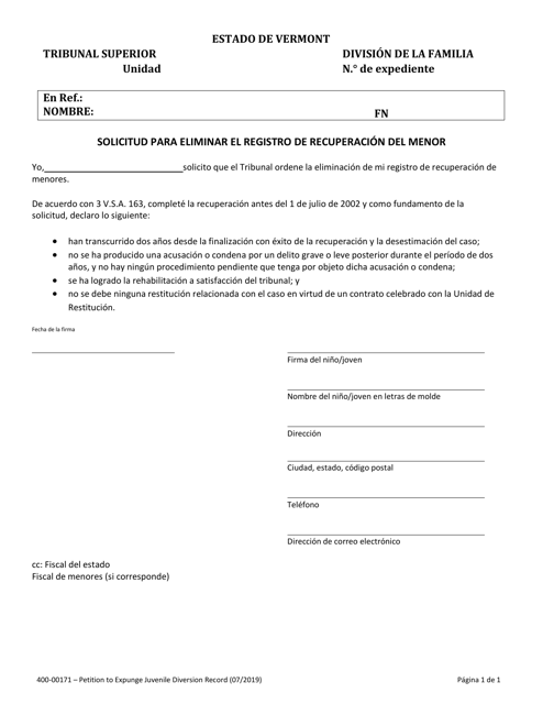 Formulario 400-00171 Solicitud Para Eliminar El Registro De Recuperacion Del Menor - Vermont (Spanish)