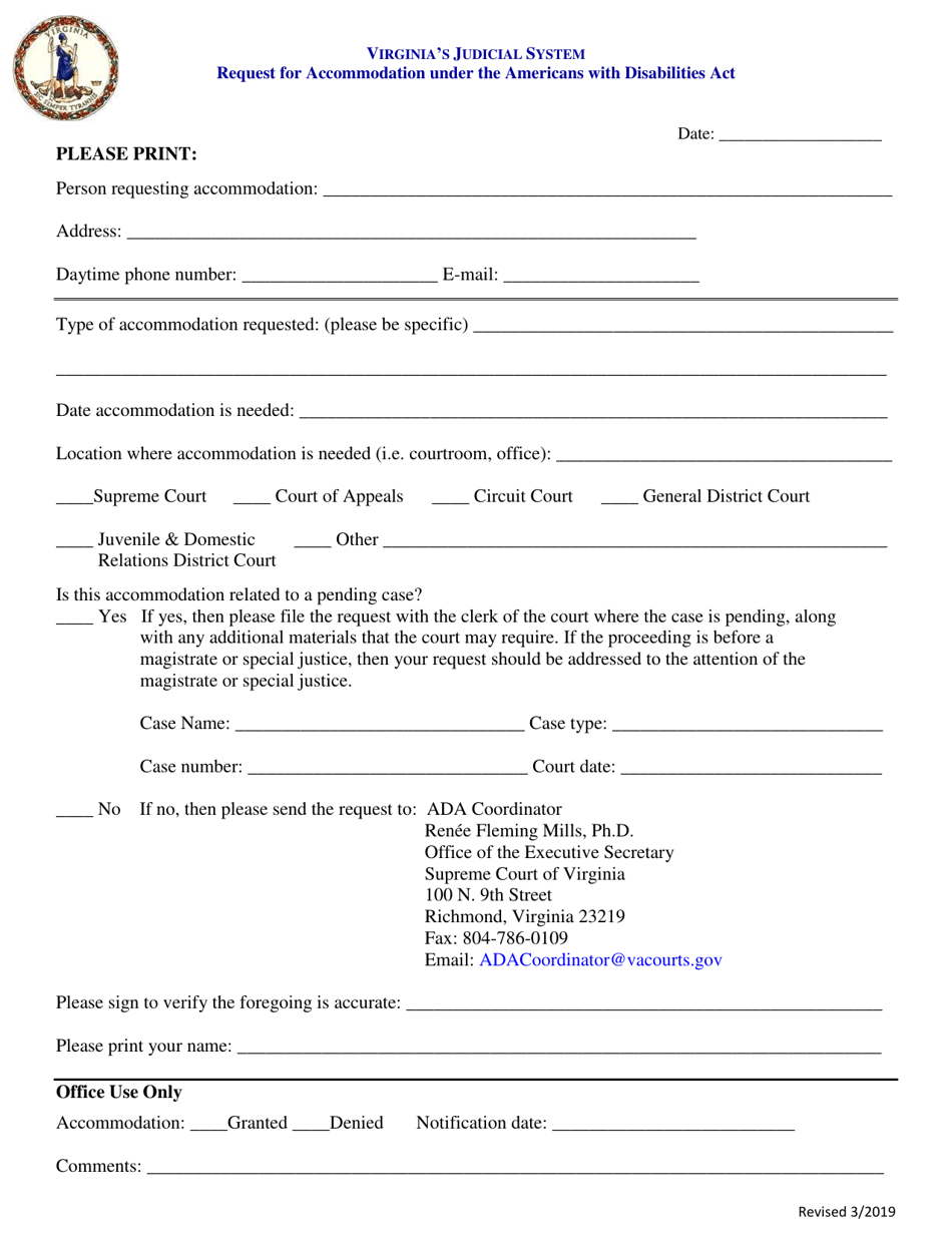 Request for Accommodation Under the Americans With Disabilities Act - Virginia, Page 1