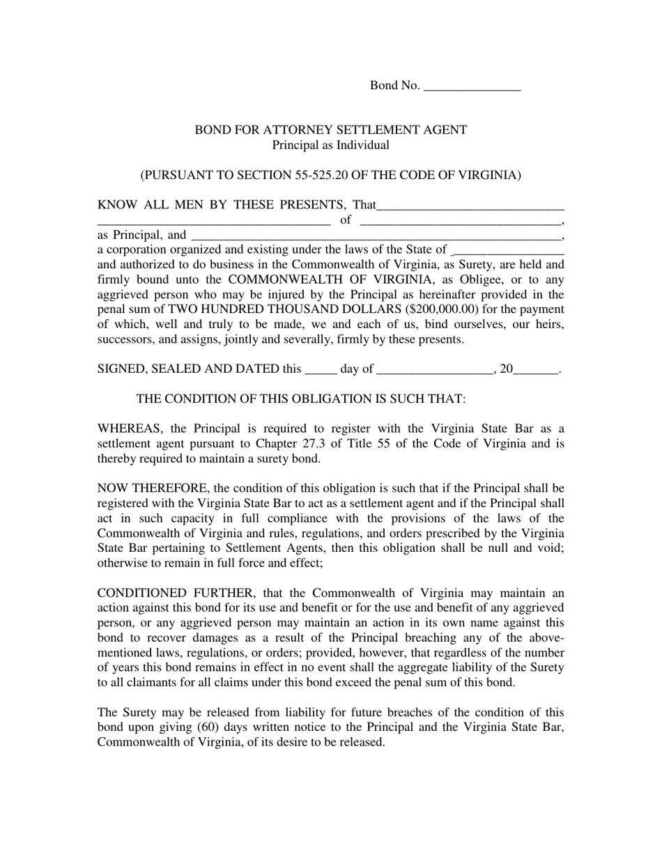 Bond for Attorney Settlement Agent - Principal as Individual - Virginia, Page 1
