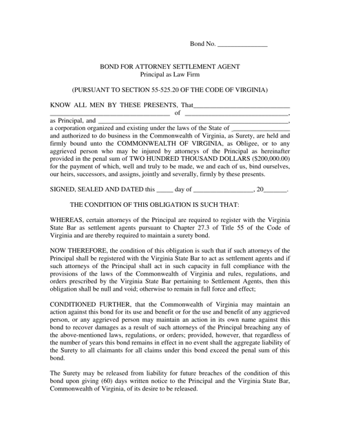 Bond for Attorney Settlement Agent - Principal as Law Firm - Virginia Download Pdf