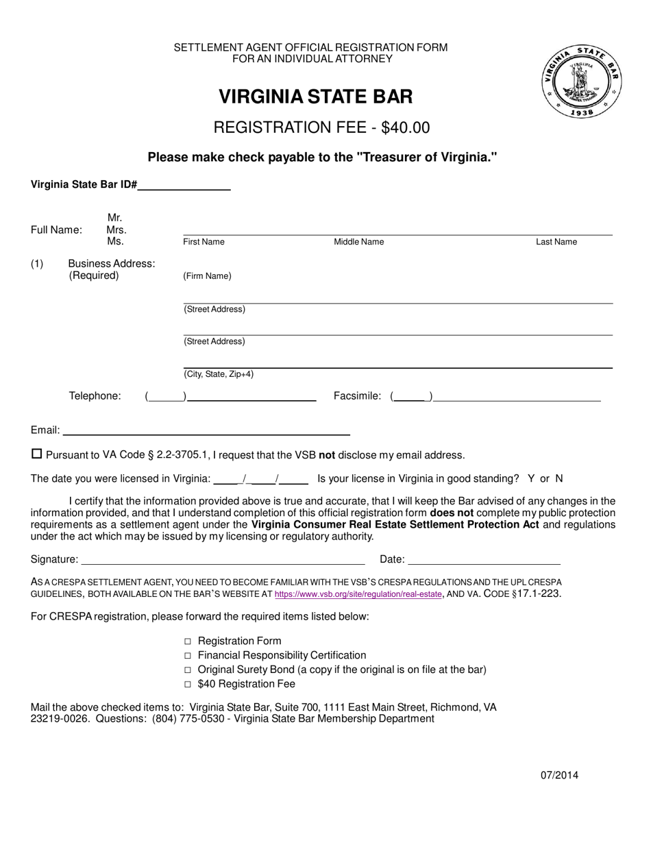 Settlement Agent Official Registration Form for an Individual Attorney - Virginia, Page 1