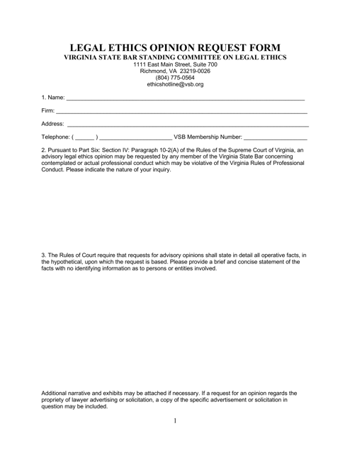 Legal Ethics Opinion Request Form - Virginia Download Pdf