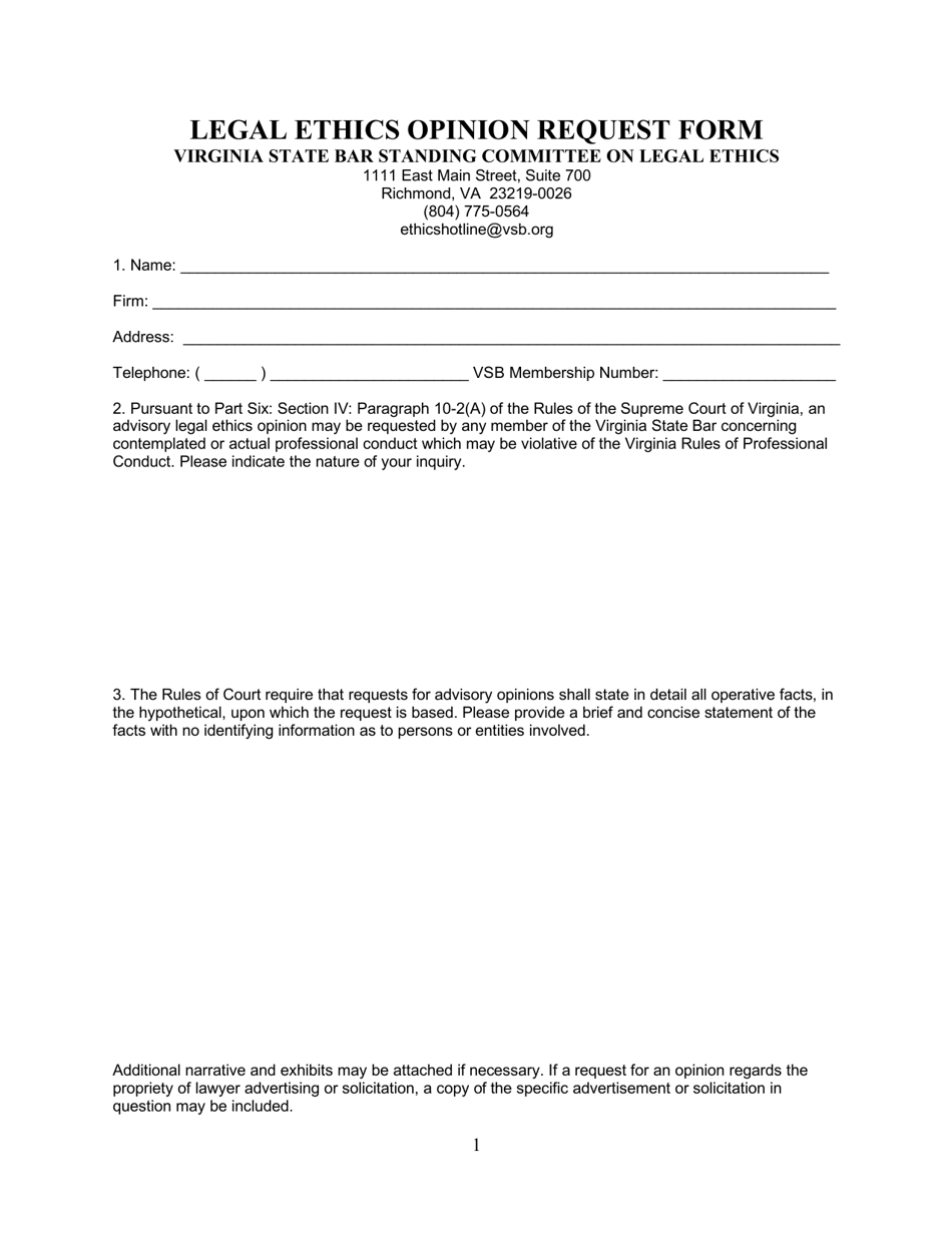 Legal Ethics Opinion Request Form - Virginia, Page 1