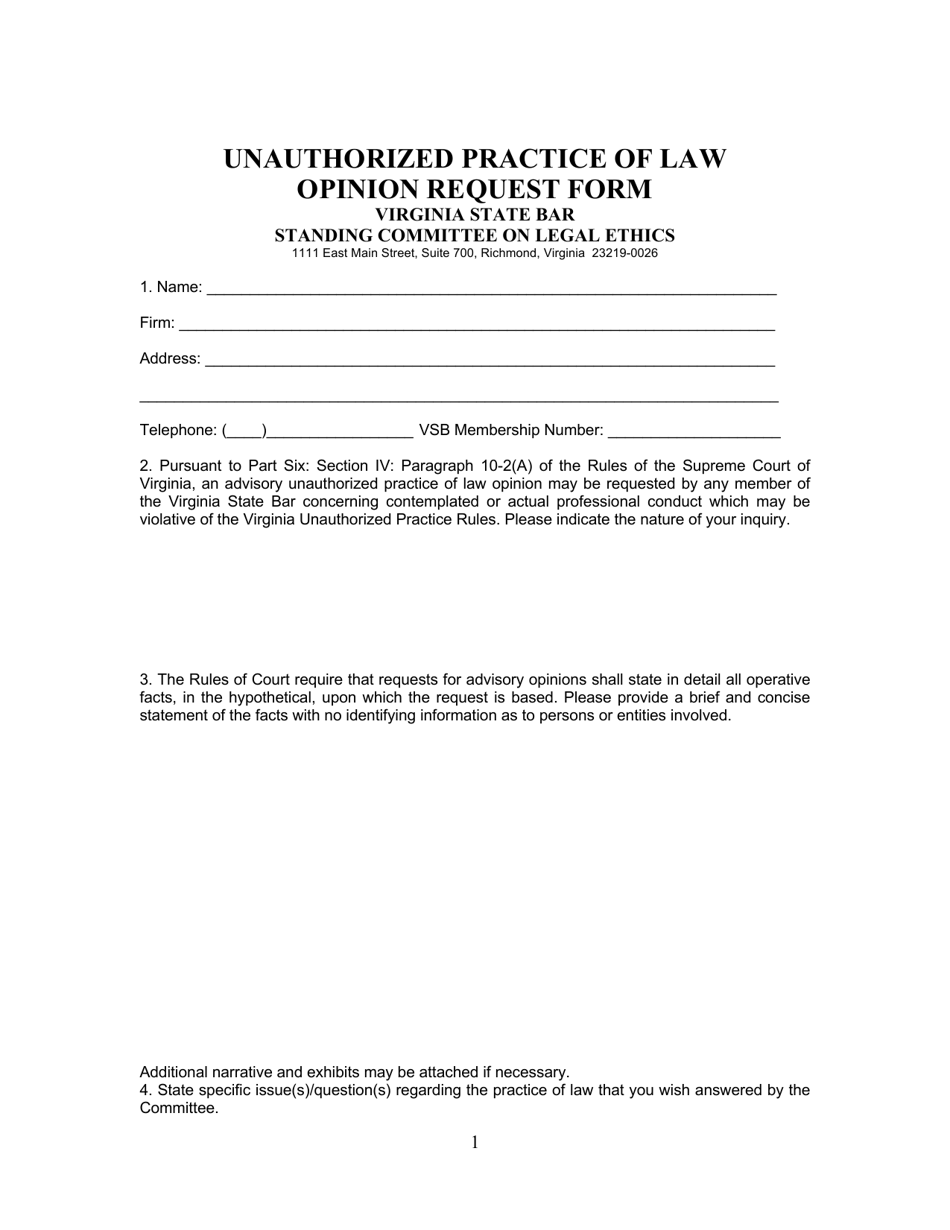 Unauthorized Practice of Law Opinion Request Form - Virginia, Page 1
