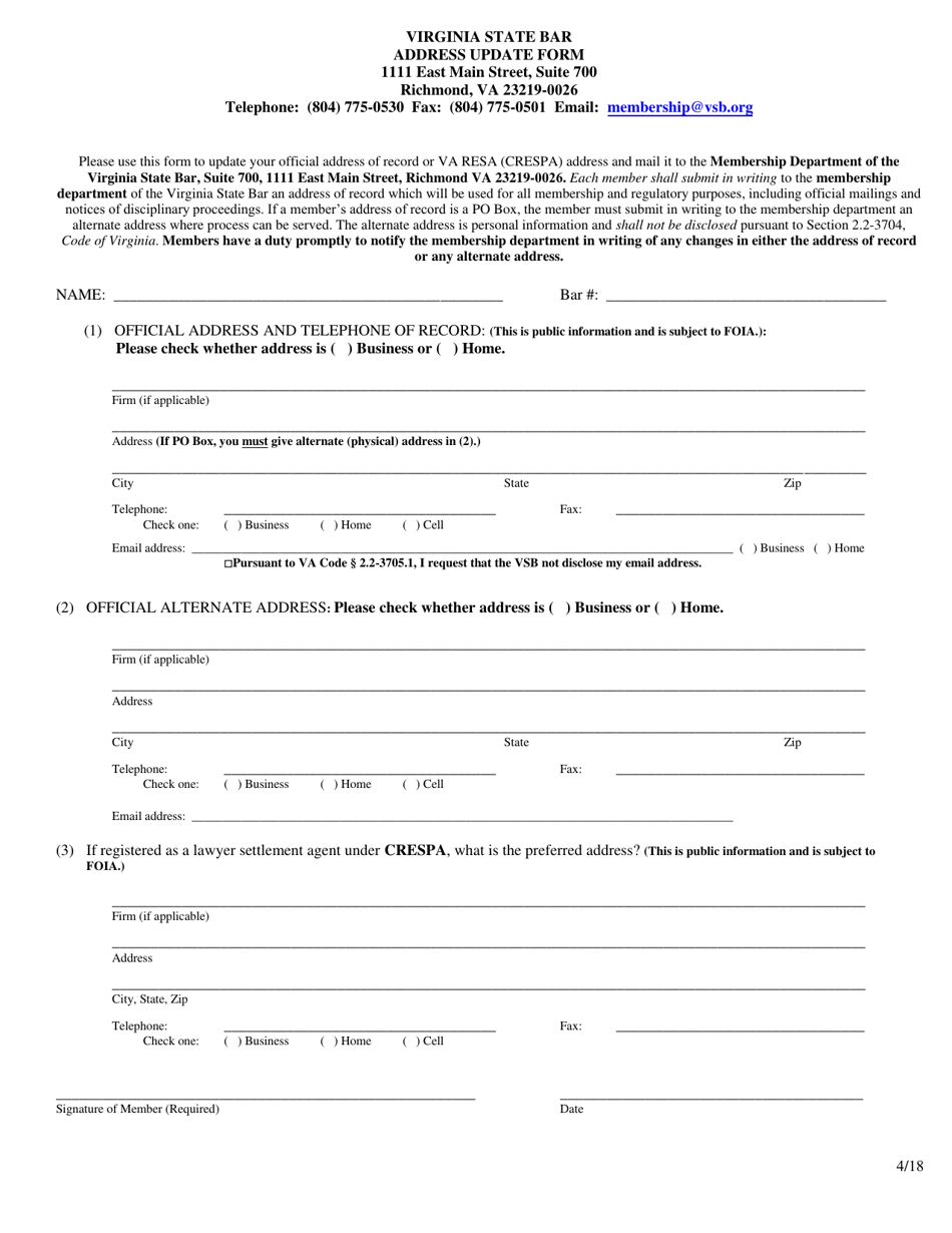 Address Update Form - Virginia, Page 1