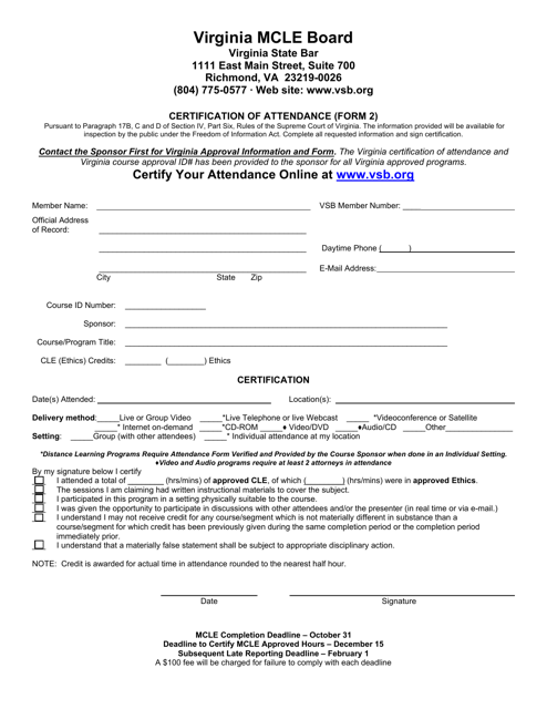 Form 2 Certification of Attendance - Virginia