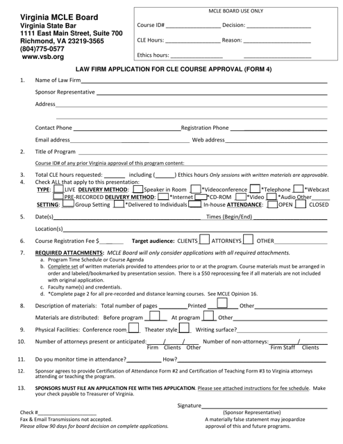 Form 4 Law Firm Application for Cle Course Approval - Virginia