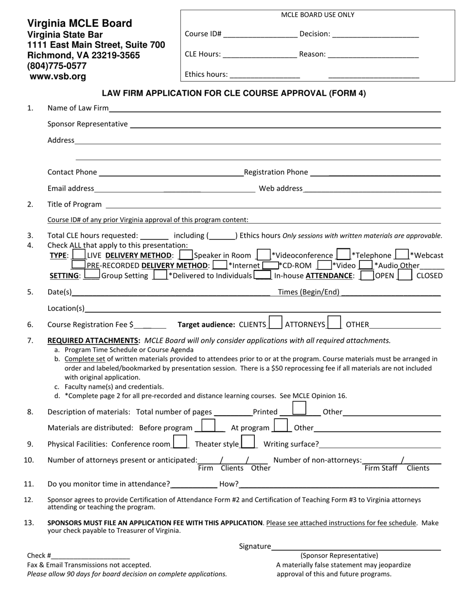 Form 4 Law Firm Application for Cle Course Approval - Virginia, Page 1