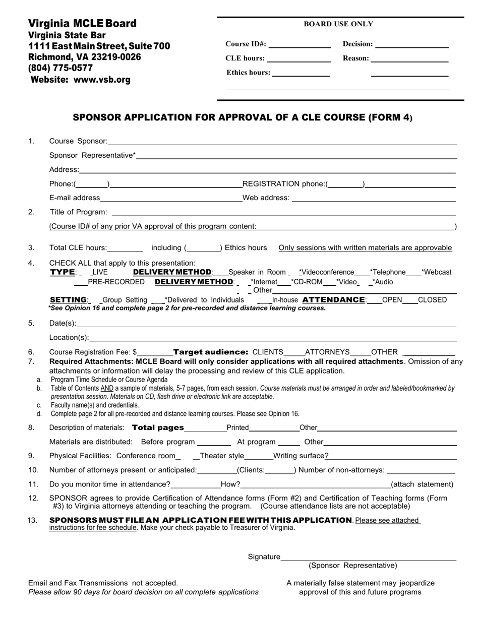 Form 4 Sponsor Application for Approval of a Cle Course - Virginia, Page 1