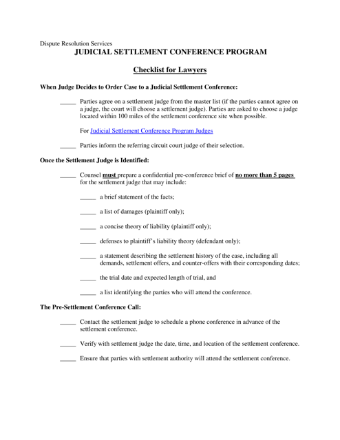 Checklist for Lawyers - Judicial Settlement Conference Program - Virginia Download Pdf