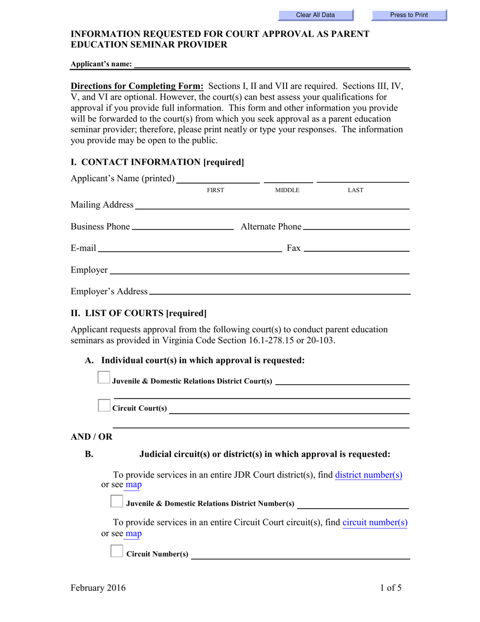 Information Requested for Court Approval as Parent Education Seminar Provider - Virginia, Page 1