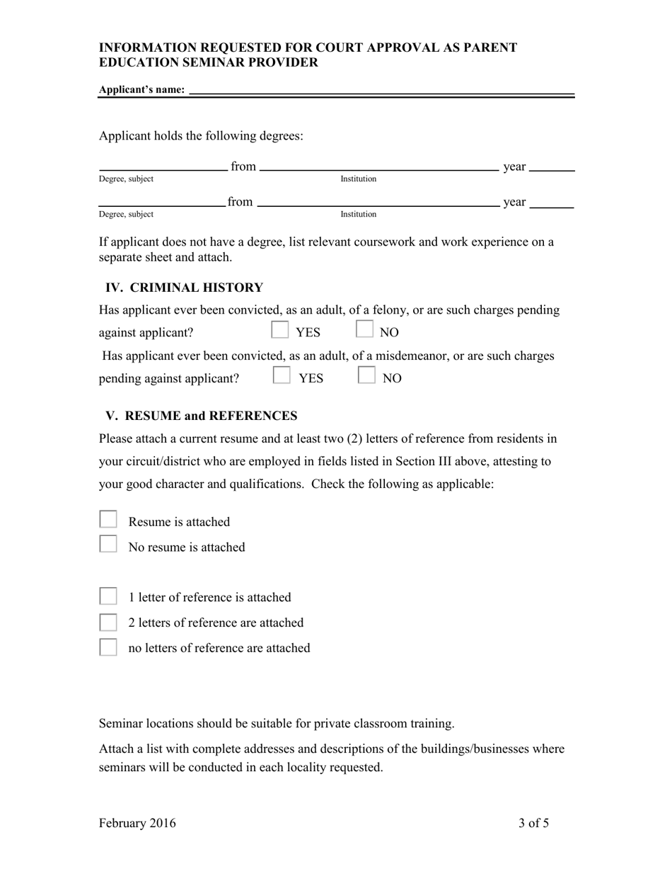 Information Requested for Court Approval as Parent Education Seminar Provider - Virginia, Page 3