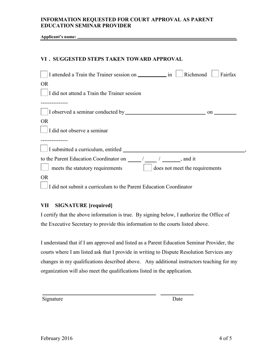 Information Requested for Court Approval as Parent Education Seminar Provider - Virginia, Page 4
