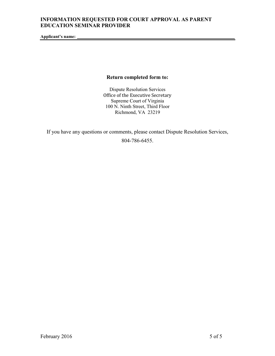 Information Requested for Court Approval as Parent Education Seminar Provider - Virginia, Page 5