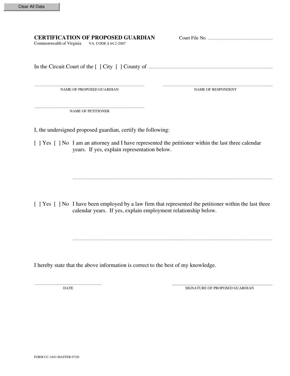Form CC-1643 Certification of Proposed Guardian - Virginia, Page 1