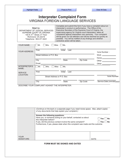 Interpreter Complaint Form - Virginia Download Pdf