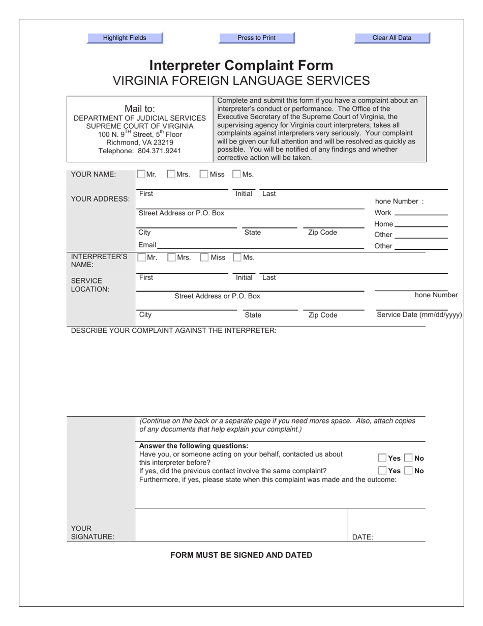 Virginia Interpreter Complaint Form Fill Out, Sign Online and