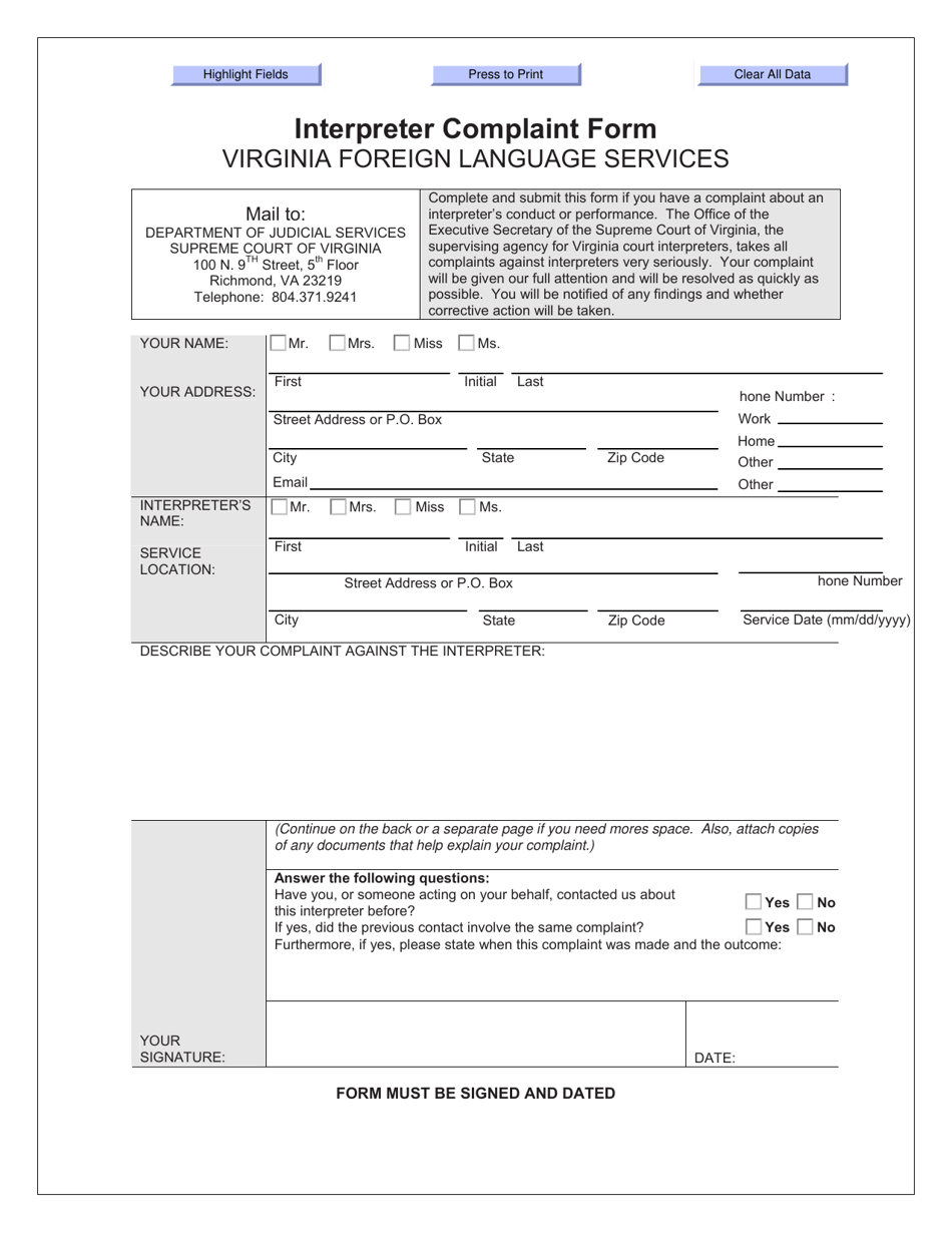 Interpreter Complaint Form - Virginia, Page 1