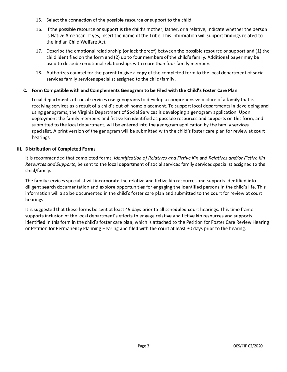 Instructions for Forms to Support Identification of Possible Resources and Supports for a Child in Foster Care and / or the Childs Family - Virginia, Page 3