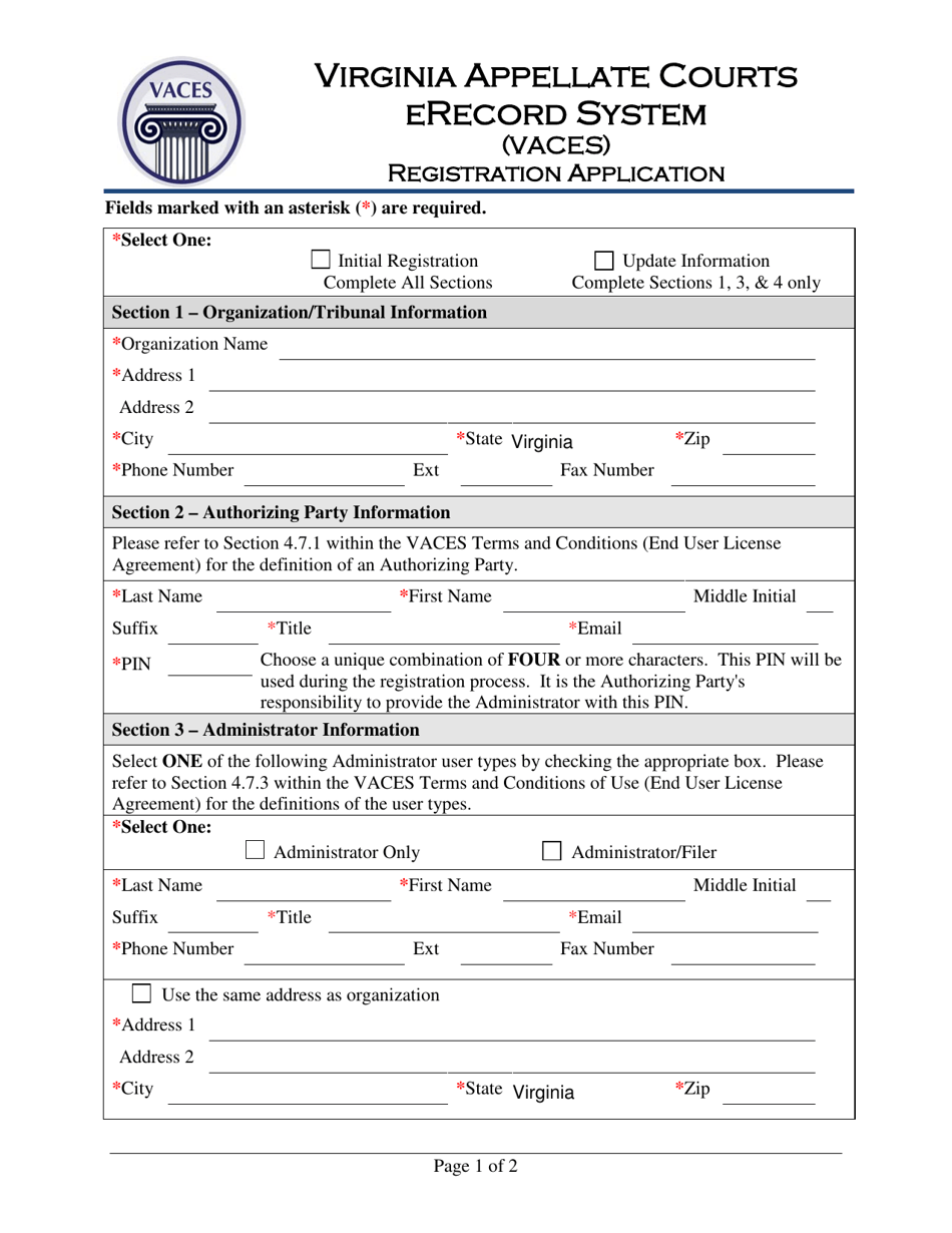 Virginia Appellate Courts Erecord System (Vaces) Registration Application - Virginia, Page 1