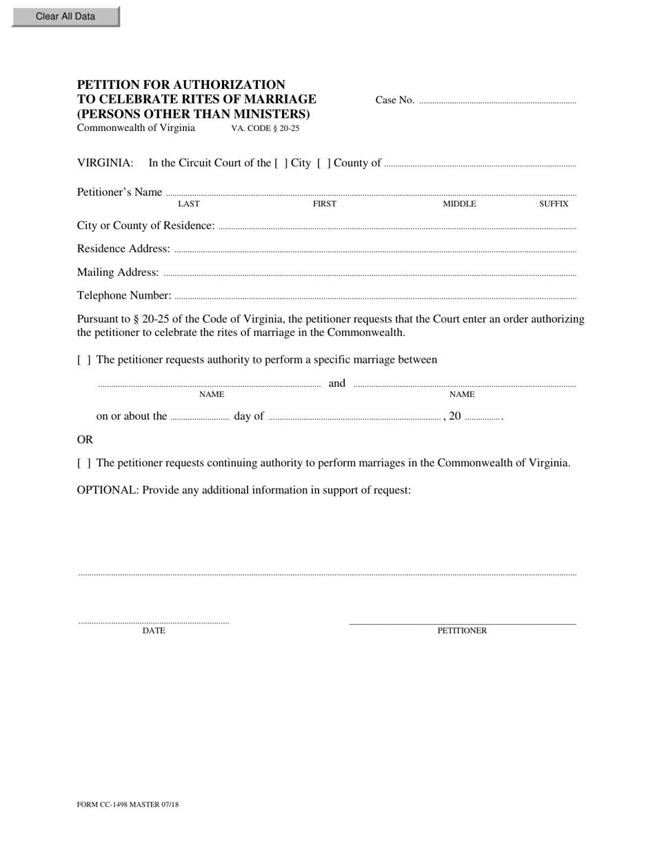 Form CC-1498 Petition for Authorization to Celebrate Rites of Marriage (Persons Other Than Ministers) - Virginia, Page 1
