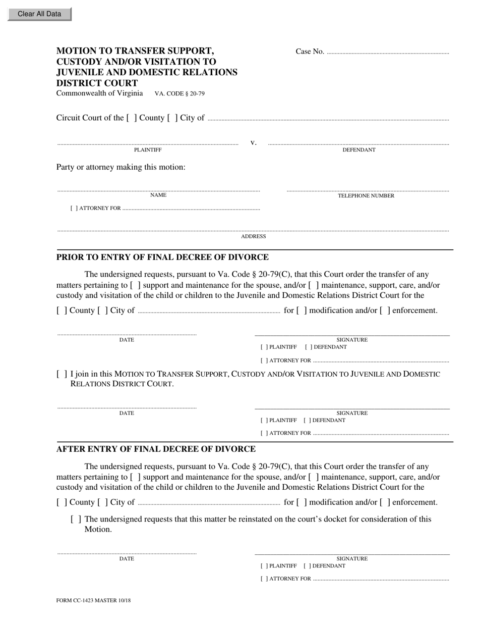 Form CC-1423 Motion to Transfer Support, Custody and / or Visitation to Juvenile and Domestic Relations District Court - Virginia, Page 1