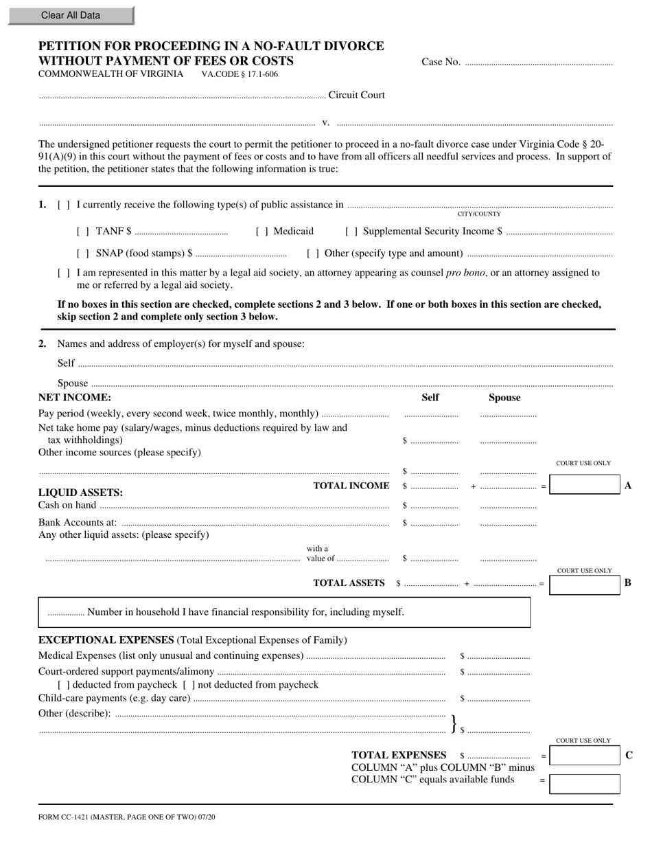 Form CC-1421 Petition for Proceeding in a No-Fault Divorce Without Payment of Fees or Costs - Virginia, Page 1
