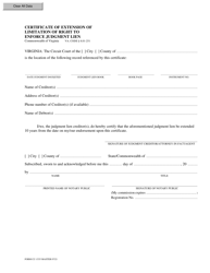 Form CC-1535 Certificate of Extension of Limitation of Right to Enforce Judgment Lien - Virginia
