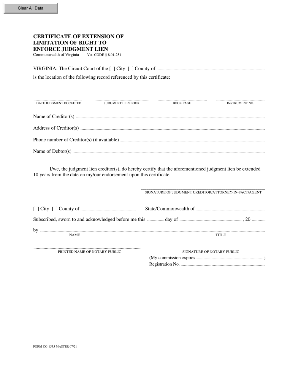 Form CC-1535 Certificate of Extension of Limitation of Right to Enforce Judgment Lien - Virginia, Page 1