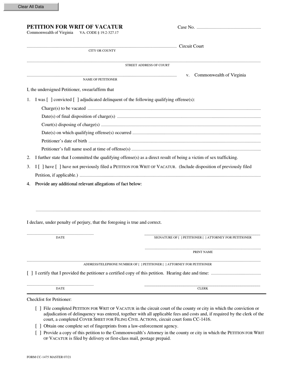 Form CC-1475 Petition for Writ of Vacatur - Virginia, Page 1