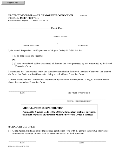Form CC-1395(A) Protective Order - Act of Violence Conviction Firearm Certification - Virginia