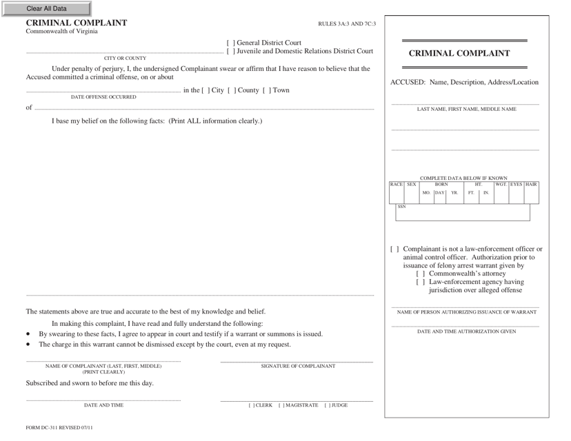 Form DC-311 Criminal Complaint - Virginia