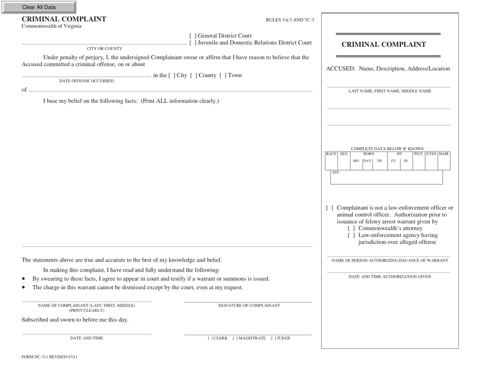 Form DC-311 Criminal Complaint - Virginia, Page 1