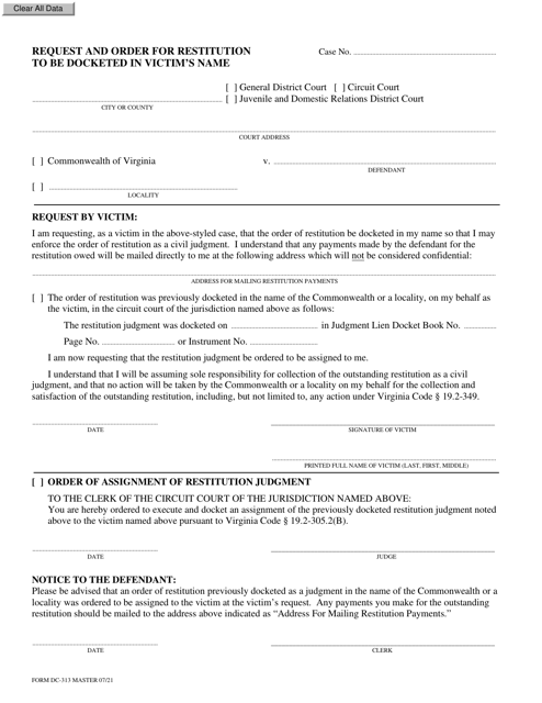 Form DC-313 Request and Order for Restitution to Be Docketed in Victim's Name - Virginia