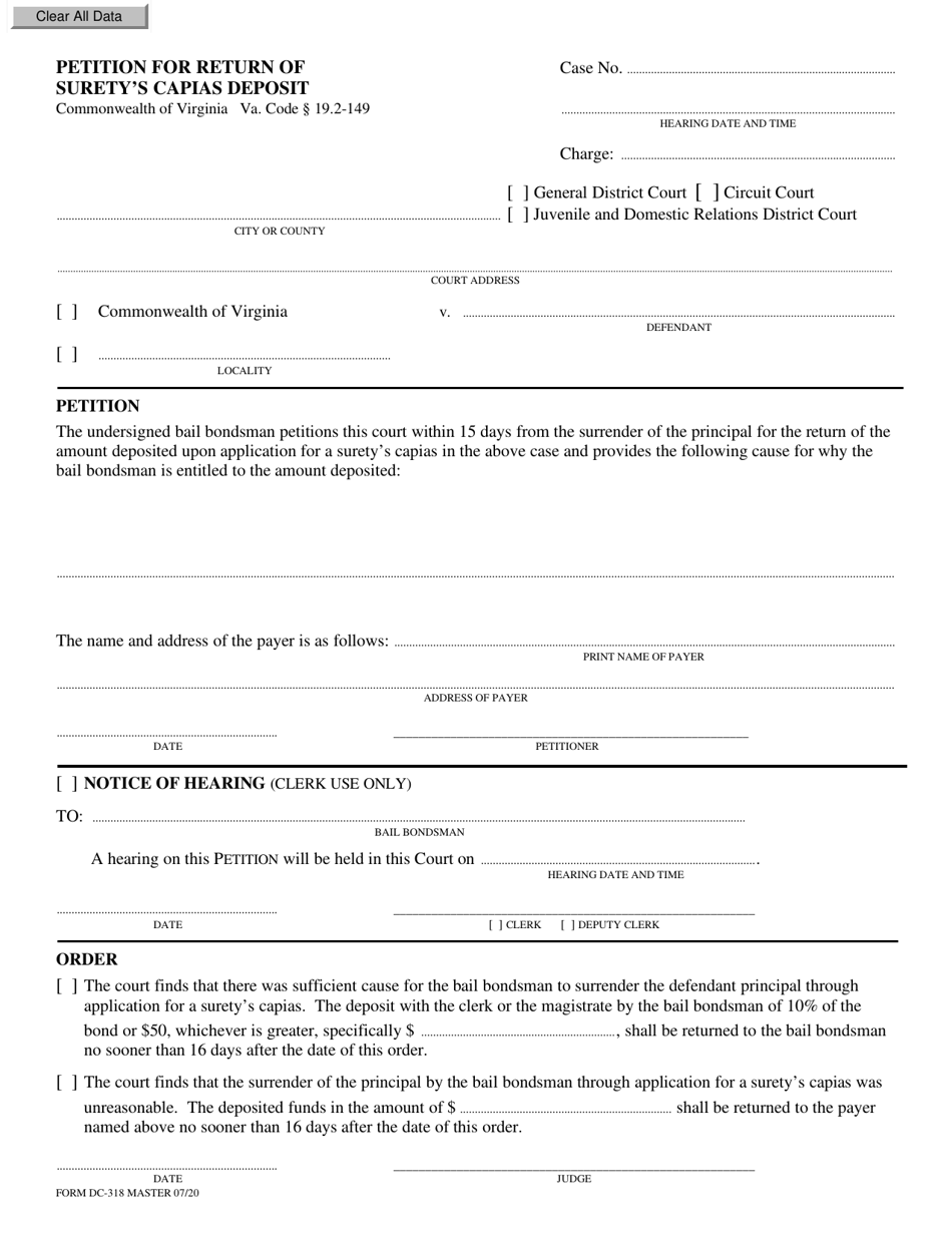 Form DC-318 Petition for Return of Suretys Capias Deposit - Virginia, Page 1