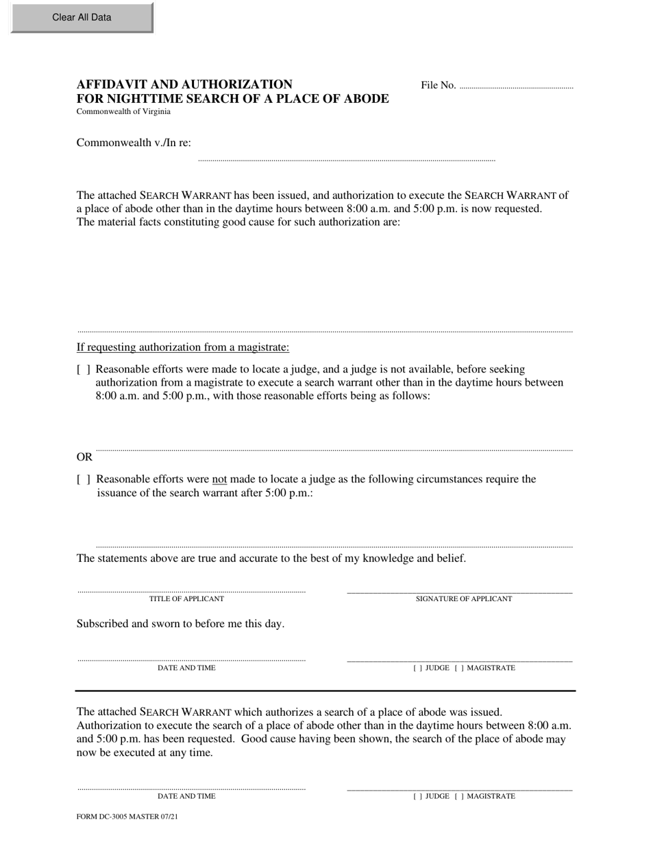 Form DC-3005 Affidavit and Authorization for Nighttime Search of a Place of Abode - Virginia, Page 1
