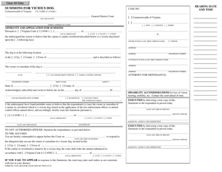 Document preview: Form DC-3020 Summons for Vicious Dog - Virginia
