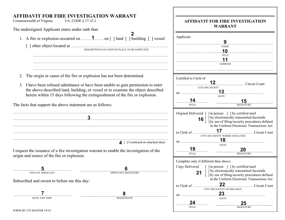 Instructions for Form DC-376 Affidavit for Fire Investigation Warrant - Virginia, Page 2