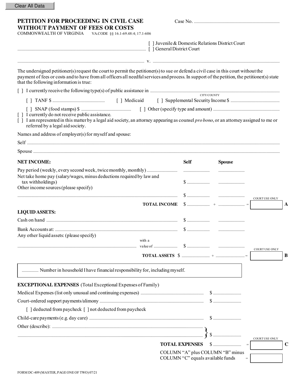 Form DC-409 Petition for Proceeding in Civil Case Without Payment of Fees or Costs - Virginia, Page 1