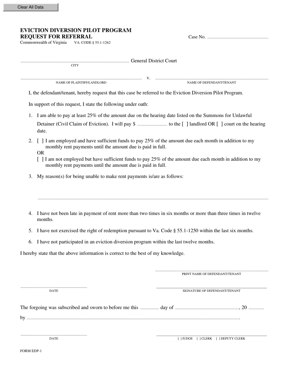 Form EDP-1 Request for Referral - Eviction Diversion Pilot Program - Virginia, Page 1