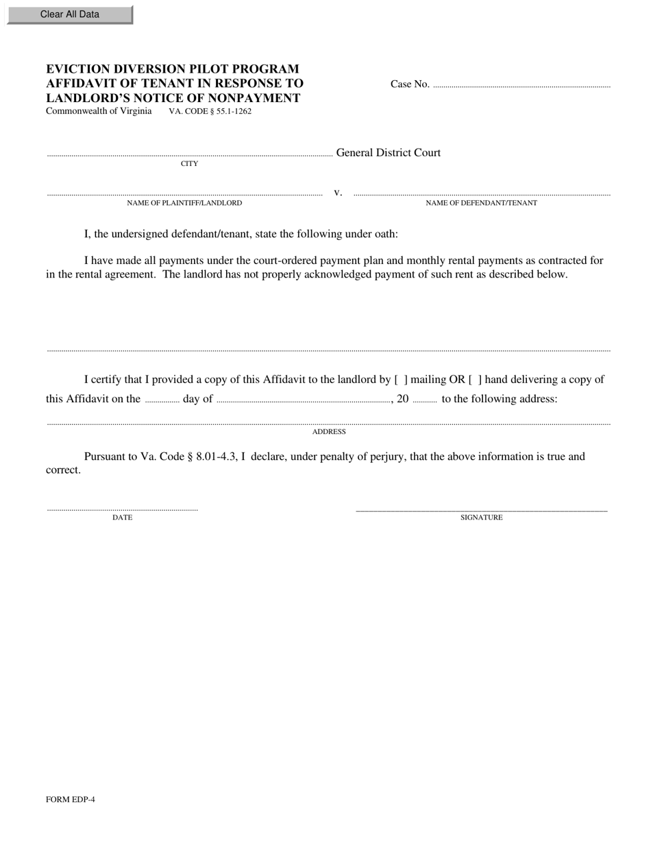 Form EDP-4 Affidavit of Tenant in Response to Landlords Notice of Nonpayment - Eviction Diversion Pilot Program - Virginia, Page 1
