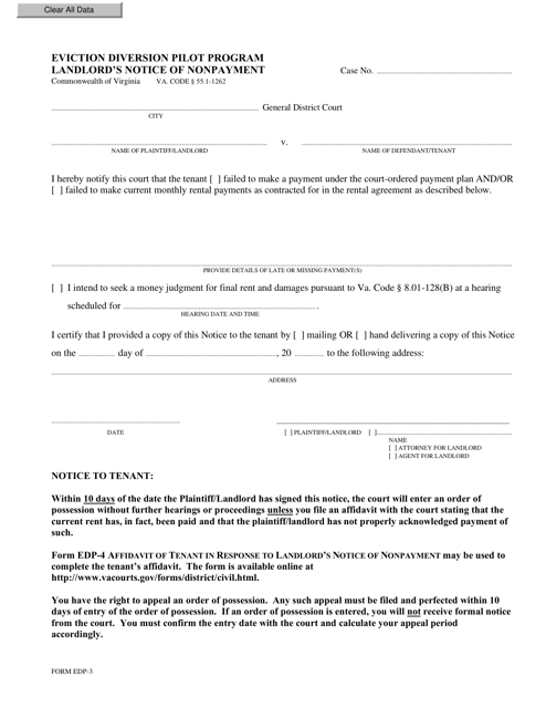 Form EDP-3 Landlord's Notice of Nonpayment - Eviction Diversion Pilot Program - Virginia